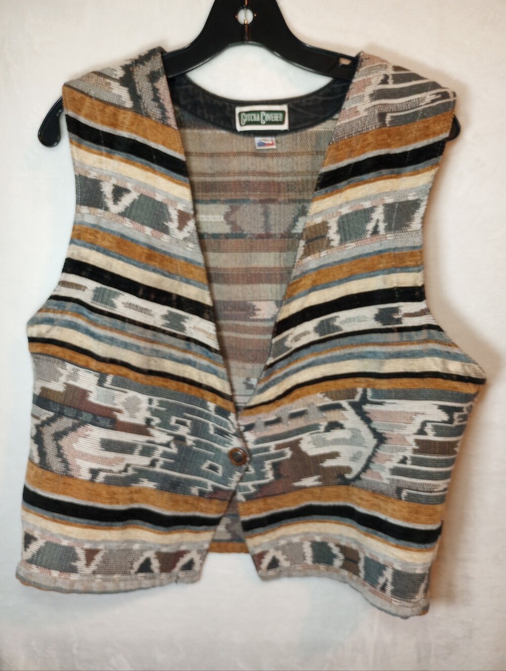 Vintage Navajo Tapestry Western Cowgirl Aztec Vest USA Made Tailored Rustic Boho
